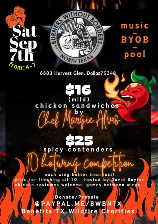 Sept. 7th: Burners Without Borders Hot Chicken for Charity! [Dallas, TX]